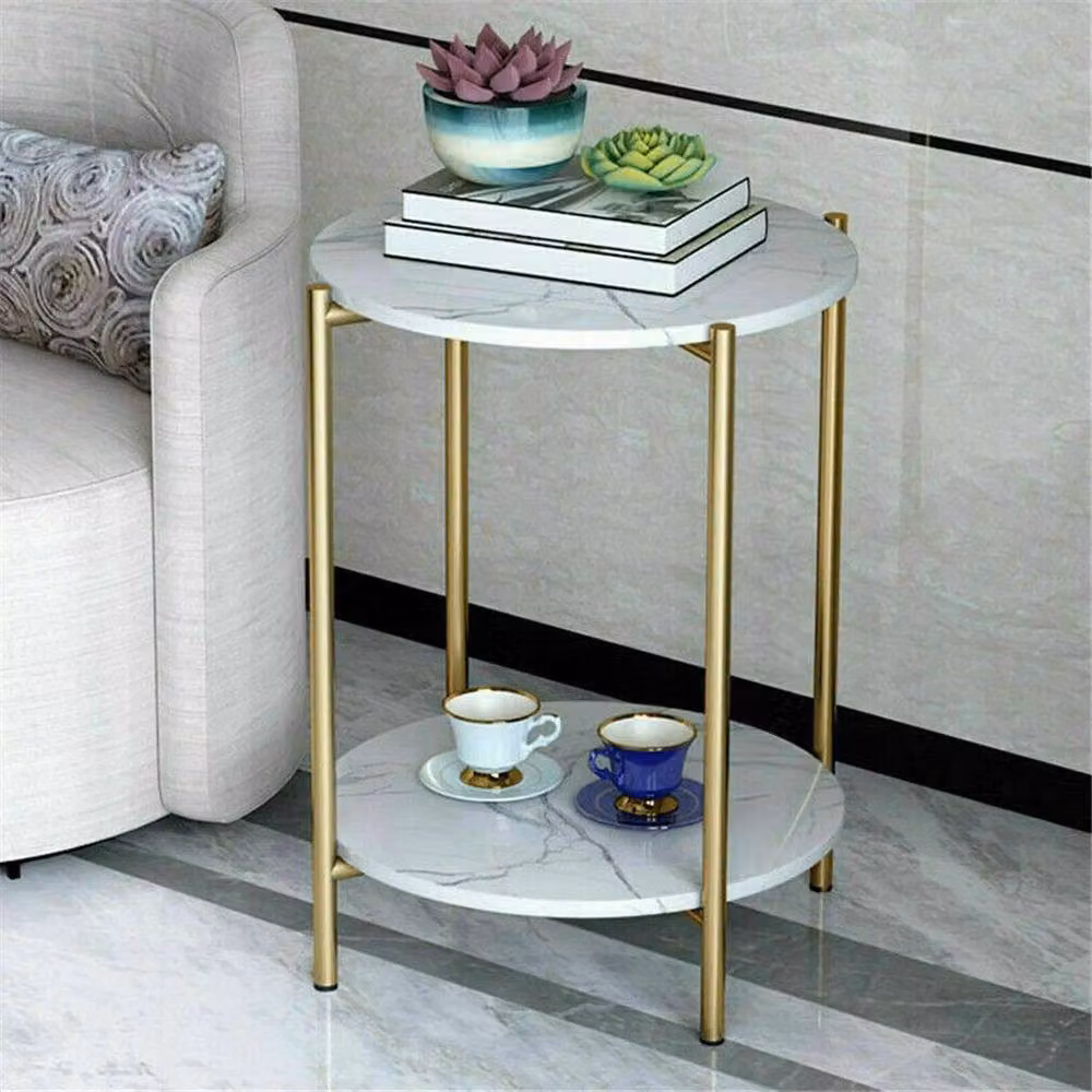 Kelvenix 2 Tier Round Marble End Side Table in White and Gold – 3