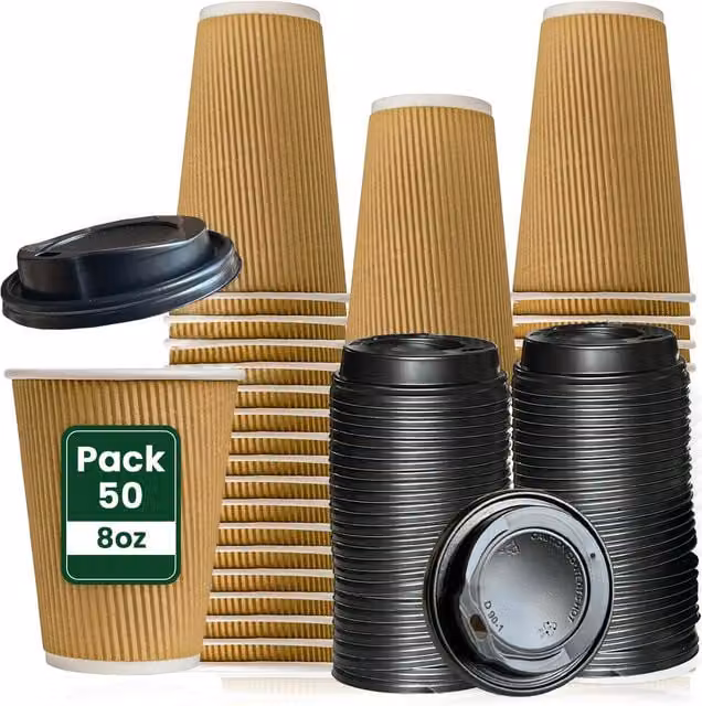 ECONX Disposable Paper Coffee Mugs with Lids, Black and Brown, 235ml, Pack of 50