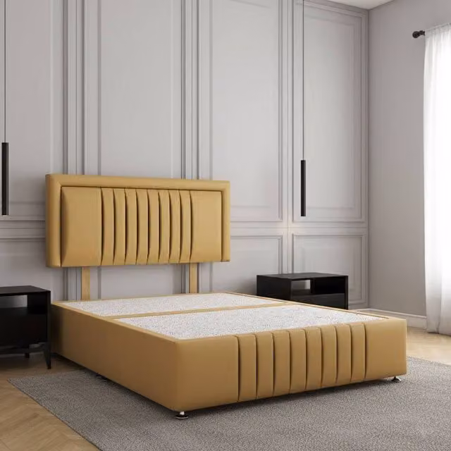 Regional Furnishings Plush Velvet Divan Bed Base with 24 inch Headboard and Footboard in Yellow, Super King, W/D/H: 200 x 200 cm