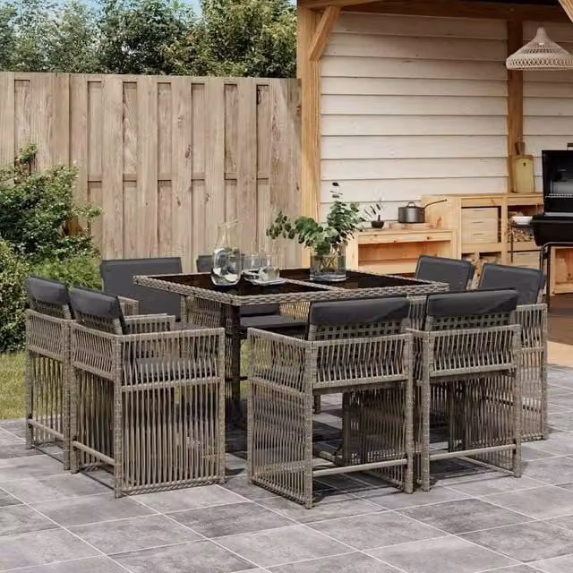 Berkfield Home 9 Piece Grey Poly Rattan Garden Dining Set with Cushions and Glass Tabletop