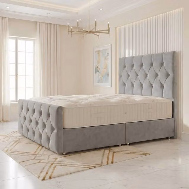 Somnior Ziggy Silver Velvet Divan Bed with 54 inch Headboard and 22 inch Footboard, Single, W/D/H: 90 x 190 x 28 cm