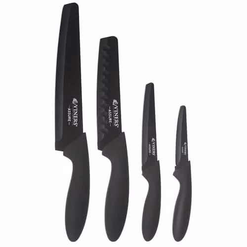 Viners Assure 4 Piece Black Knife Set with Stainless Steel Blades, including Chef, Santoku, Utility and Paring Knives – 1