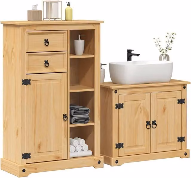 Berkfield Home Corona 2 Piece Rustic Solid Wood Pine Bathroom Furniture Set in Brown