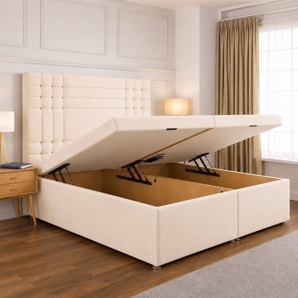 Soft Snooze Beds Modern Upholstered Ottoman Storage Bed with Panelled Headboard in Pink, W/D: 140 x 200 cm – 1