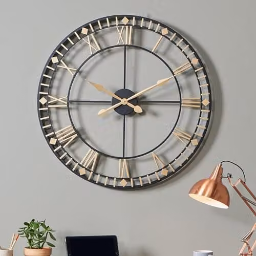 Pacific Lifestyle Large Industrial Skeleton Wall Clock in Black and Gold Metal with Roman Numerals, Diameter: 80 cm