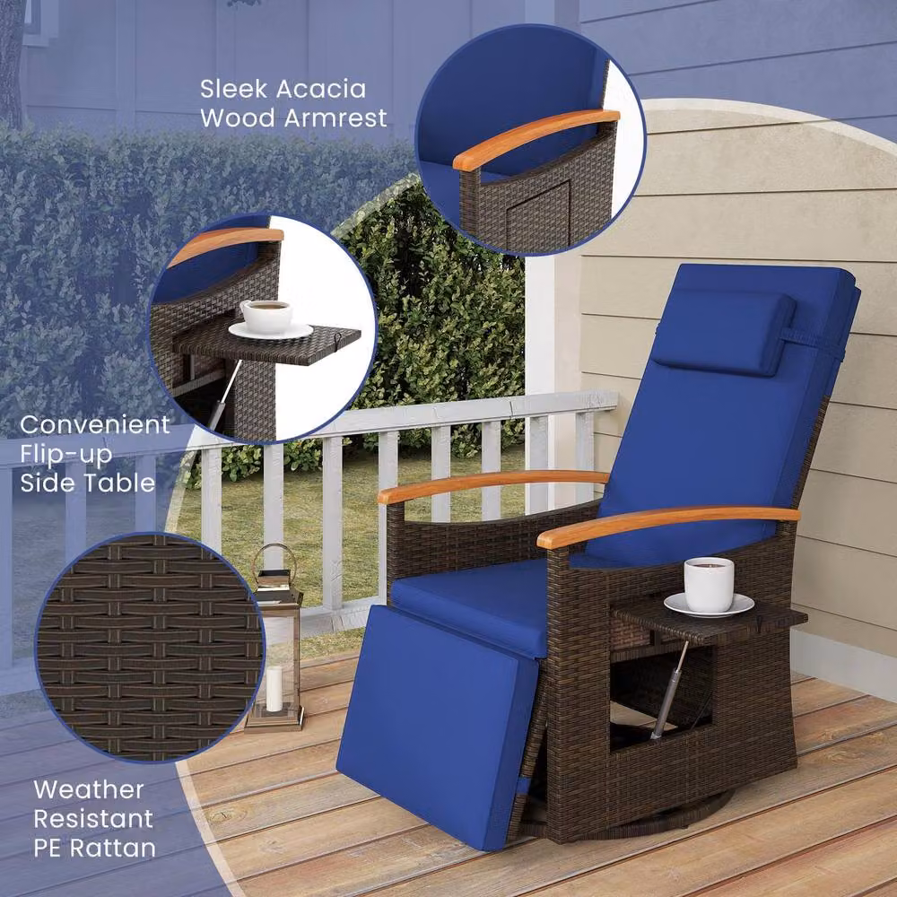 Gymax 360 Swivel Wicker Lounge Chair with Flip Side Table and Adjustable Headrest in Blue – 7