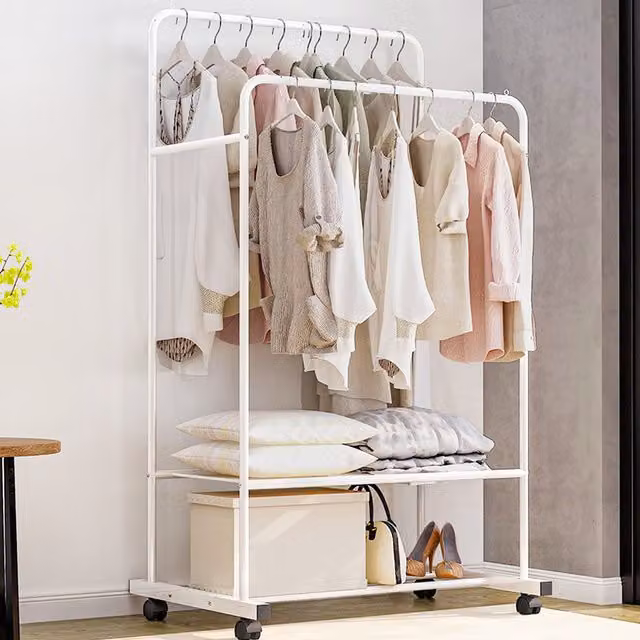 Livingandhome Modern White Metal Clothes Rail and Dual Hook Storage Rack