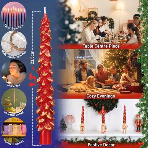 Deco Express Christmas Tree Dinner Candle Set in Red and Gold – 2