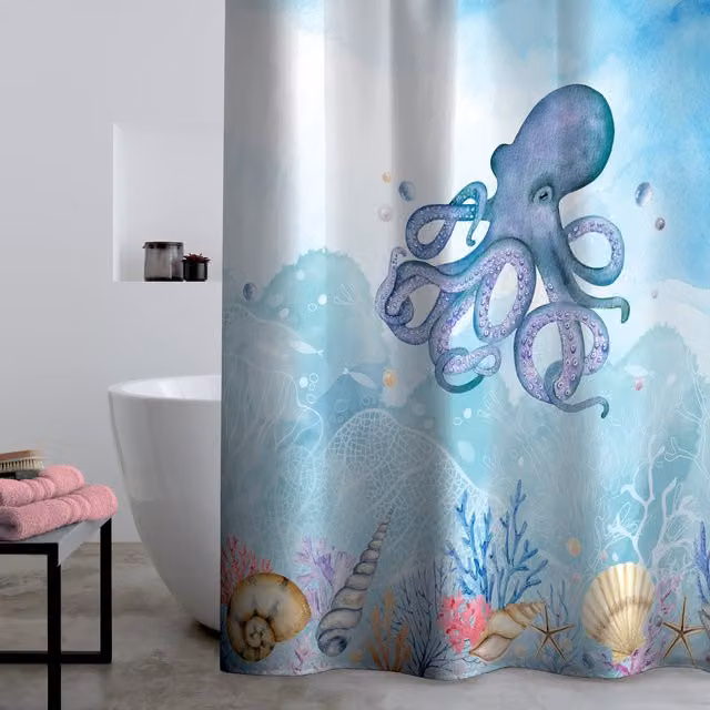 Catherine Lansfield Octopus Waterproof Shower Curtain Panel Blue W/D/H: 180 x 180 x 1 cm