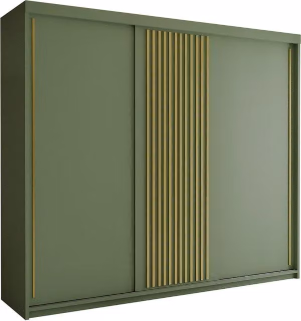 Palermo Sliding Door Wardrobe in Green and Gold with Integrated Drawers, W: 250 cm, H: 217 cm, D: 62 cm