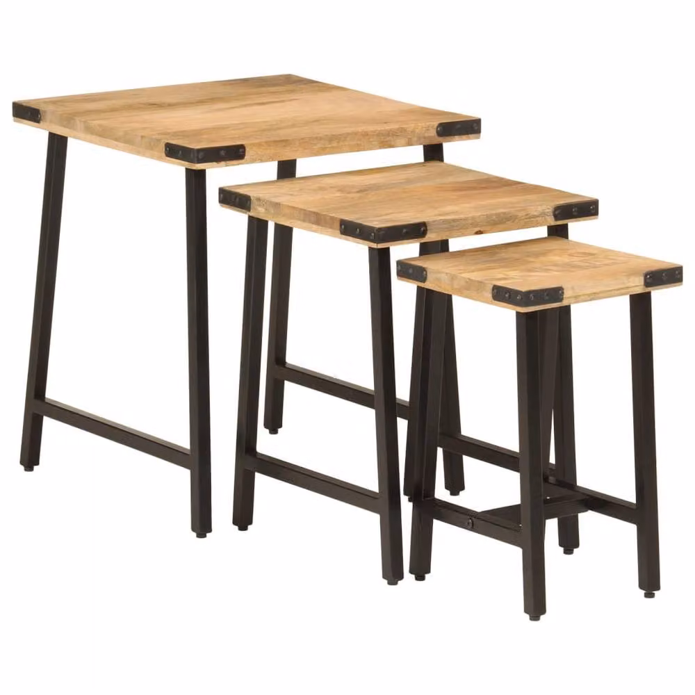 Berkfield Home Nesting Coffee Tables, 3 Piece Set in Brown Solid Mango Wood and Iron – 2