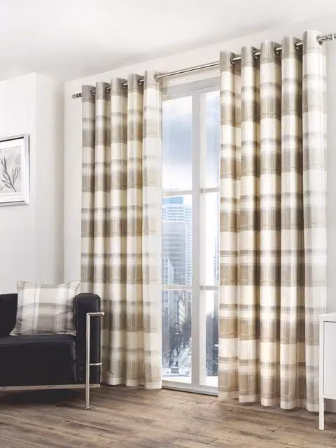 Fusion Balmoral Check Country Checked Pattern Pair of Eyelet Curtains in Natural Beige and Sand, Width: 168 cm, Drop: 229 cm