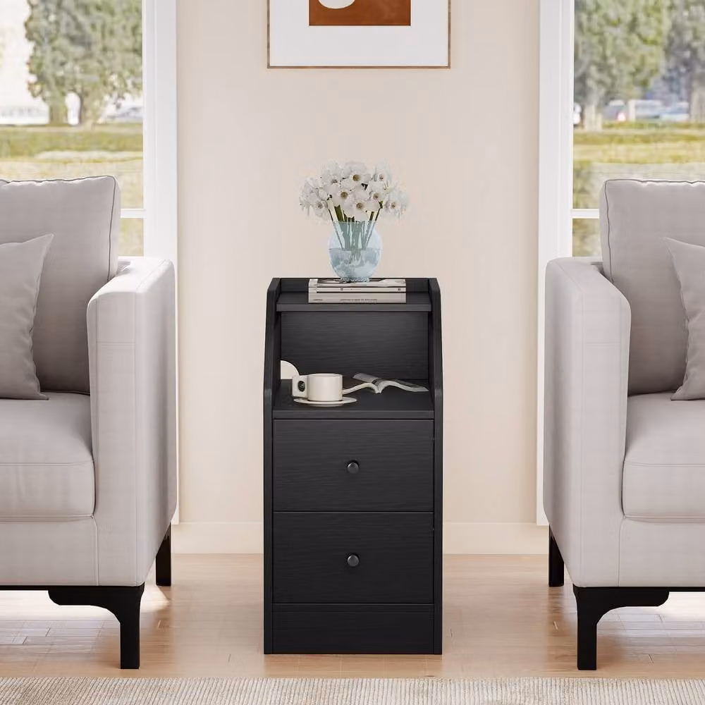 Gymax Black Side Table with Charging Station and Storage Drawers – 3