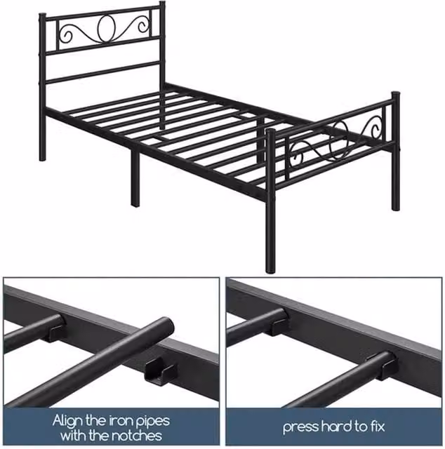 NESTLUNE Single Metal Bed Frame, Black Industrial Iron Platform Bed, W/D/H: 90 x 190 cm – 1