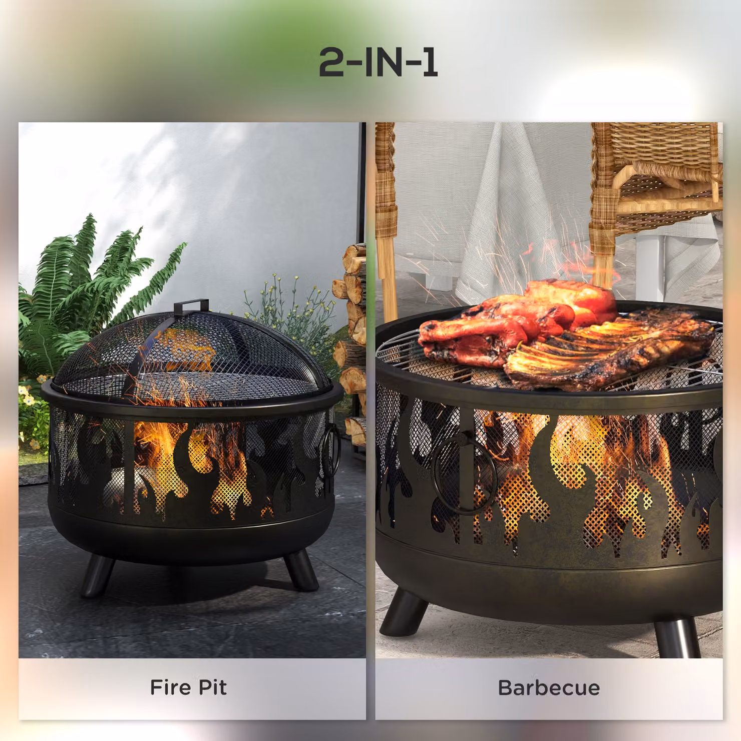 Outsunny 2-in-1 Metal Round Fire Pit Bowl with Lid and Grill in Black – 4