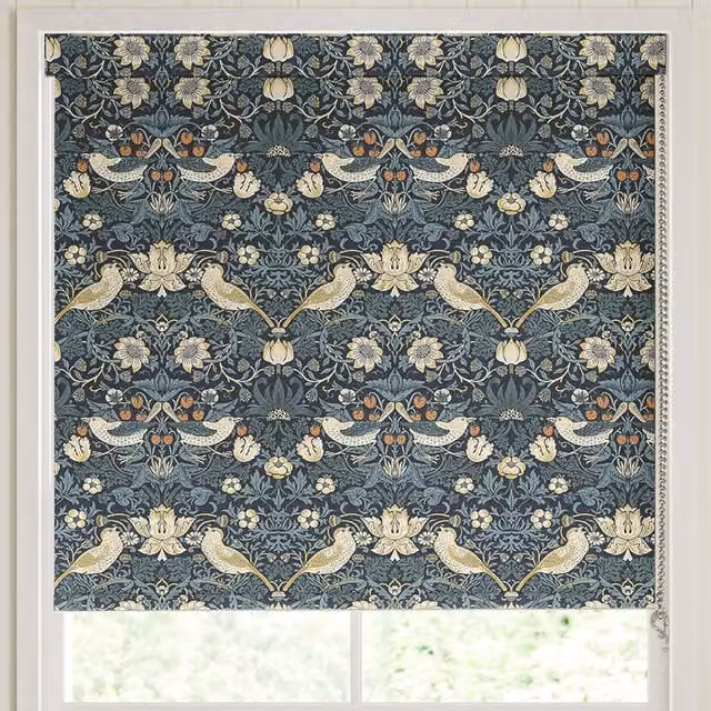 William Morris At Home Strawberry Thief Semi-Transparent Floral Roller Blind in Blue