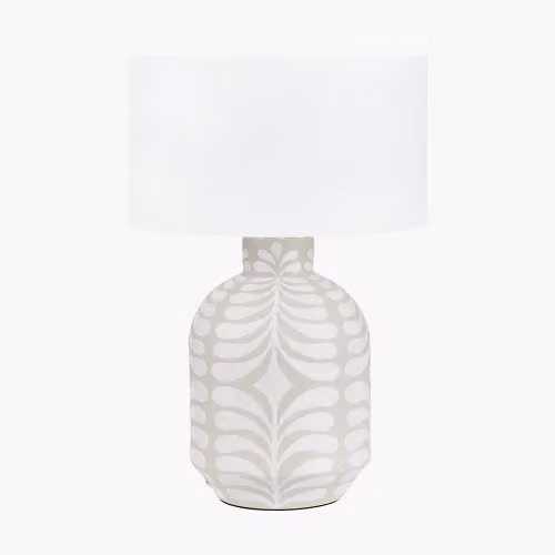 Ruma Grey and White Pattern Ceramic Table Lamp with Fabric Drum Shade – 2