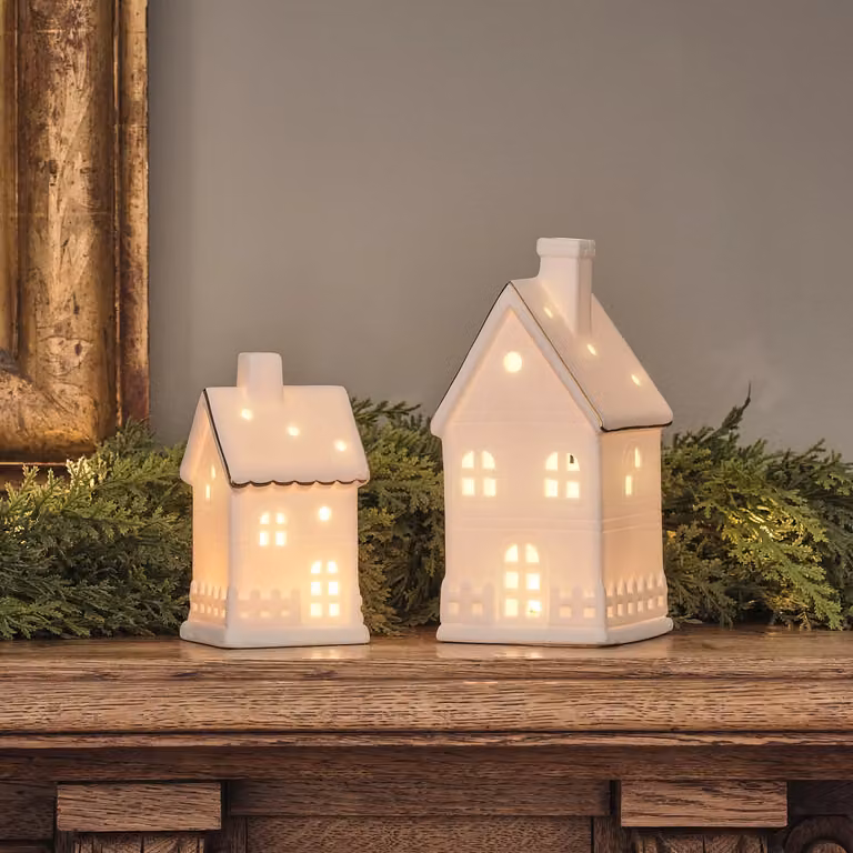Set of 2 White Ceramic Light Up Winter Tabletop Houses