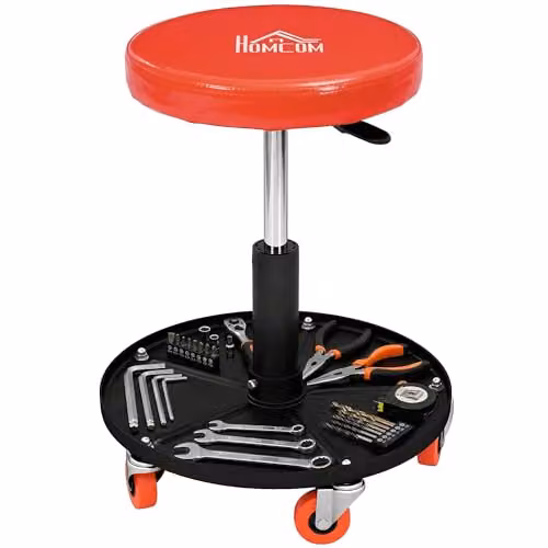 HOMCOM Pneumatic Adjustable Mechanic Stool with Castors, Red/Orange, Diameter: 40 cm – 1