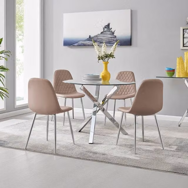 FurnitureboxUK Selina Chrome Round Glass Dining Table and 4 Corona Silver Faux Leather Chairs in Cappuccino