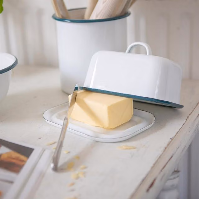 Argon Tableware White and Green Enamel Butter Dish W: 18.5 cm, D: 10 cm