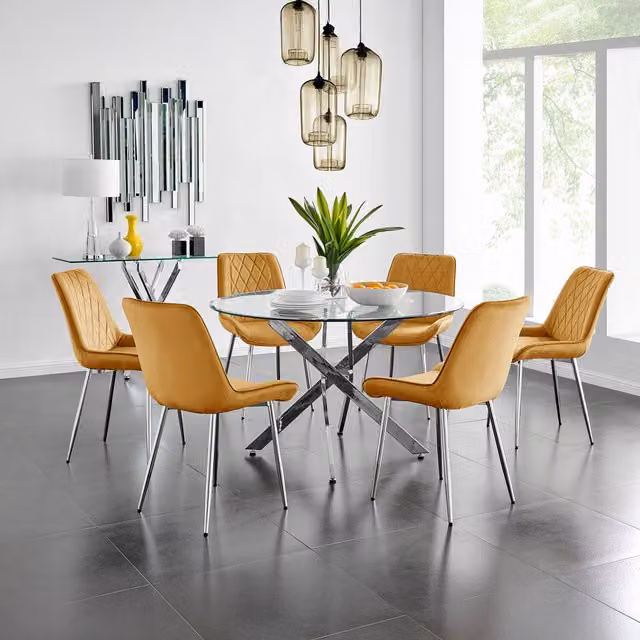FurnitureboxUK Novara Round Glass Dining Table and Six Pesaro Chairs in Yellow