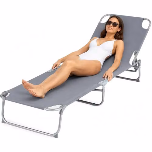 LIVIVO Folding Sun Lounger in Grey and Black with Powder Coated Steel Frame and Adjustable Headrest for Garden and Terrace