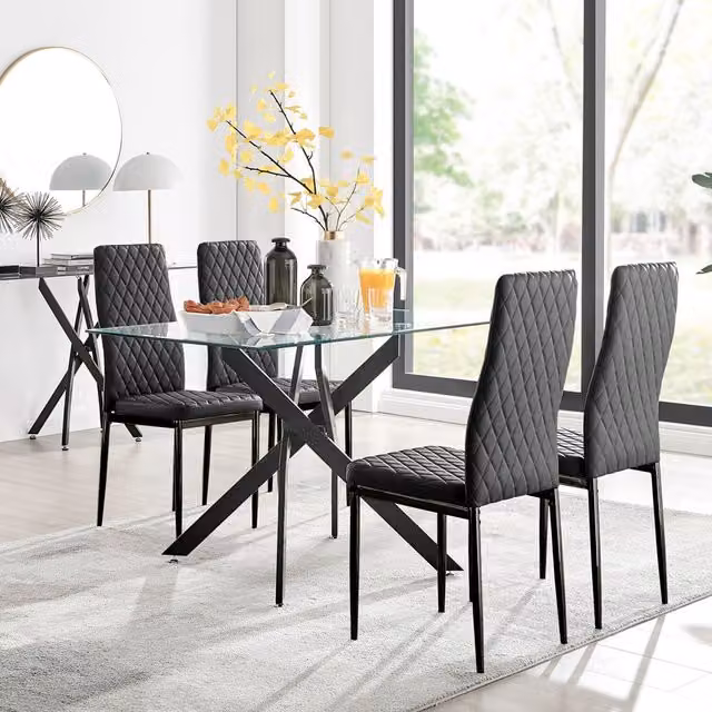 FurnitureboxUK Leonardo Black Leg Glass Dining Table and Four Milan Black Leg Chairs Set - Black and Transparent