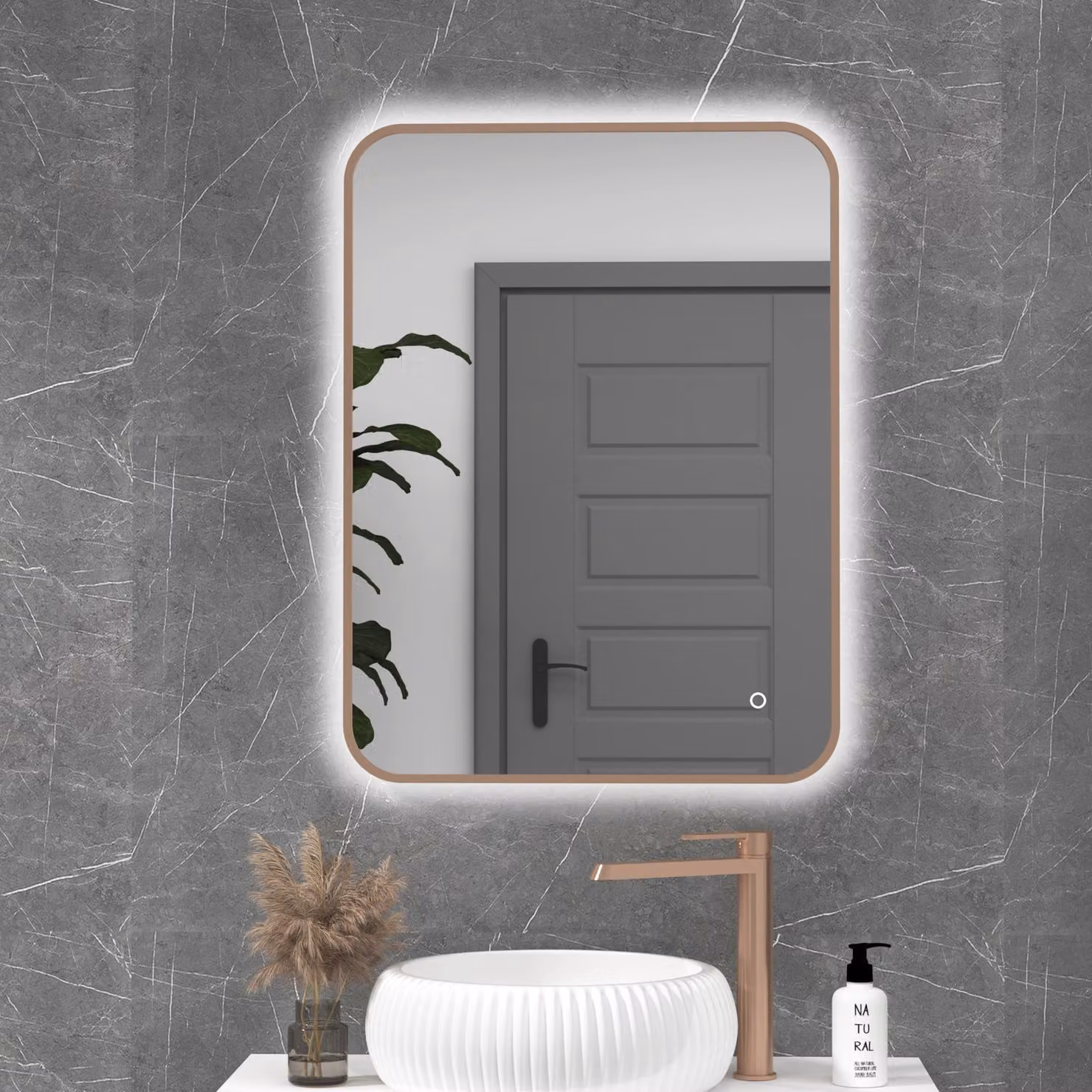 Royal Bathrooms Luton Backlit LED Illuminated Framed Rectangular Bathroom Mirror with Demister Pad and Touch Sensor in Gold