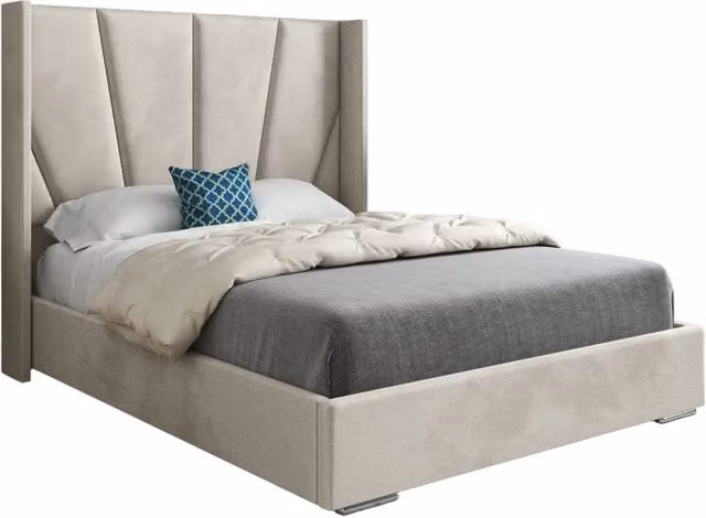 KDMD Cocoon Wide Curved Winged Upholstered Soft Velvet Designer Bed Frame in Cream, Super King Size