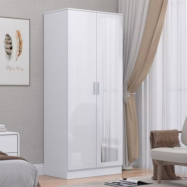 Reflect 2 Door Mirrored Wardrobe in White Gloss and Matt, H 180 cm x W 76 cm x D 47 cm