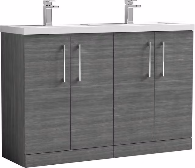 Balterley Level 1200mm Floor Standing 4 Door Bathroom Unit with 2 Basins in Anthracite Grey Woodgrain – 1