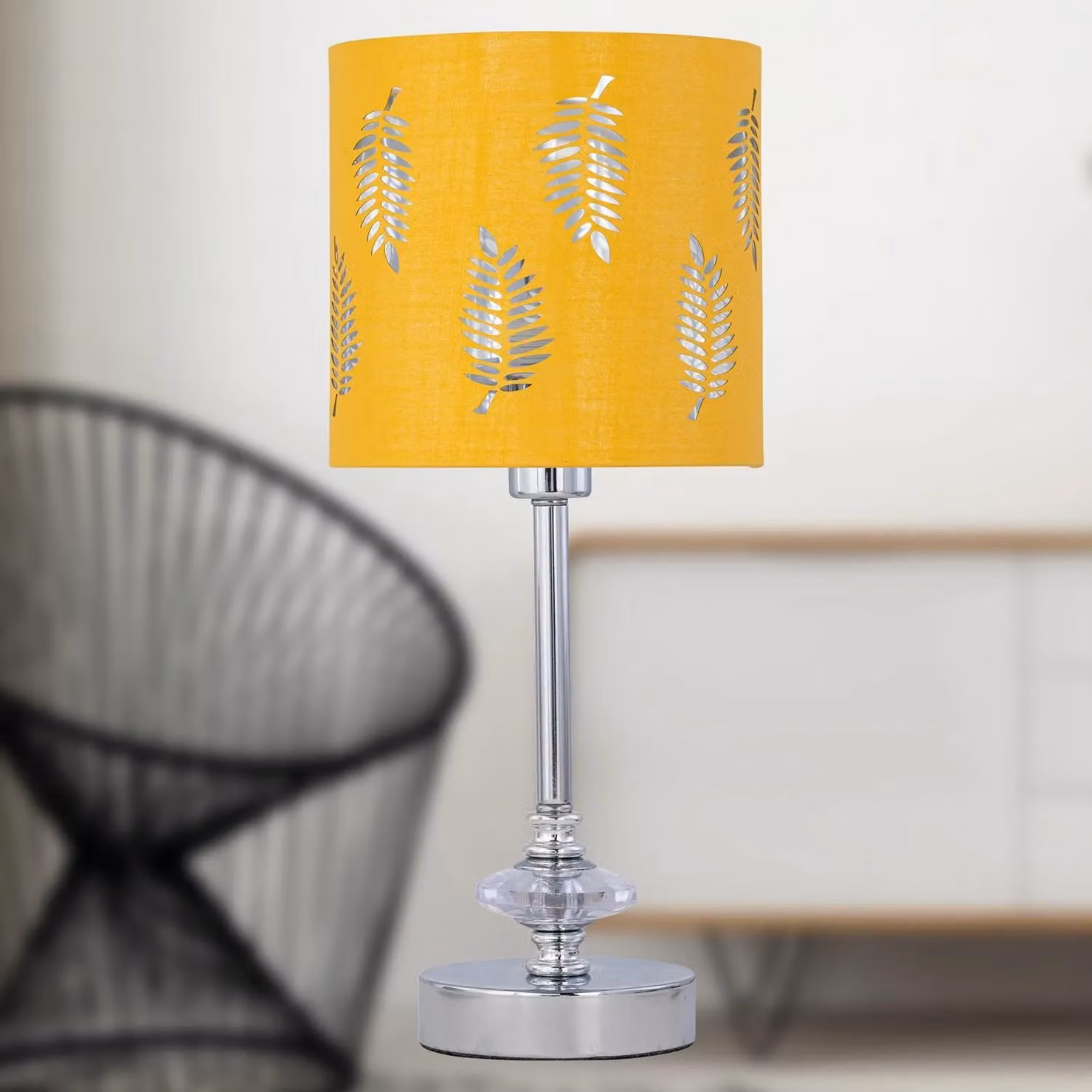 First Choice Lighting Set of 2 Chrome Jewelled Table Lamps with Ochre Yellow Fabric Shades – 3