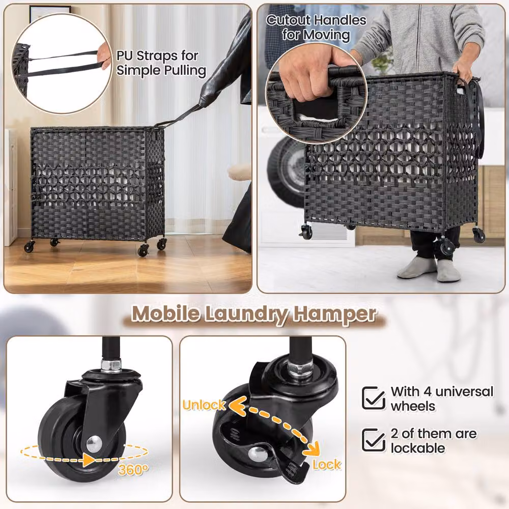 Costway 110L 2-Section Laundry Hamper with Lid and Wheels in Black – 5