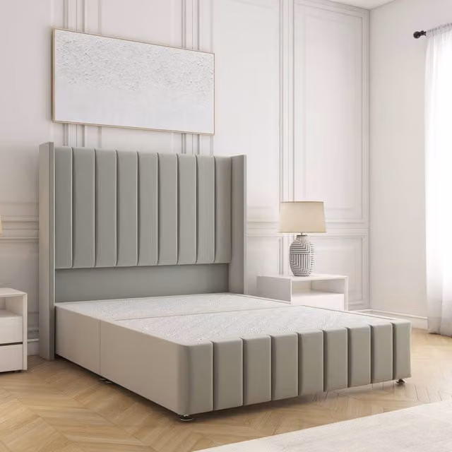 BSSPOKE Zoe Small Double Divan Bed with 54 inch Plush Velvet Headboard in Silver