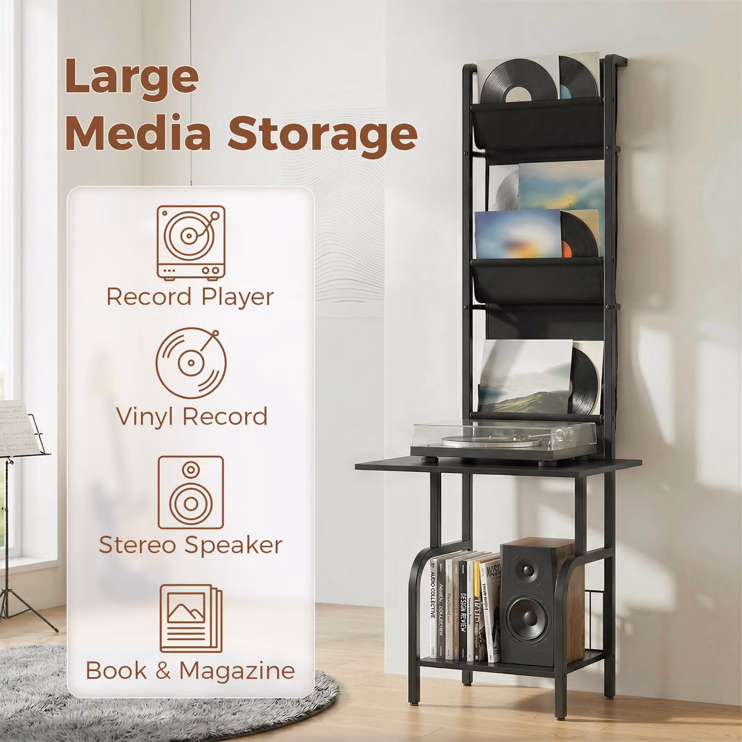 HOMCOM Black Vinyl Record Player Stand with Oxford Fabric Pockets and Bottom Shelf – 4