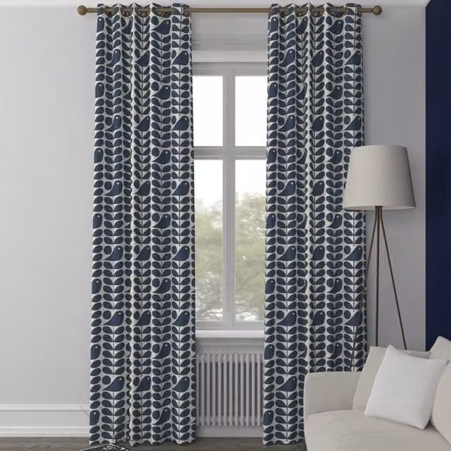 Orla Kiely Early Bird Made to Measure Blackout Eyelet Curtains in Dark Marine Blue Cotton