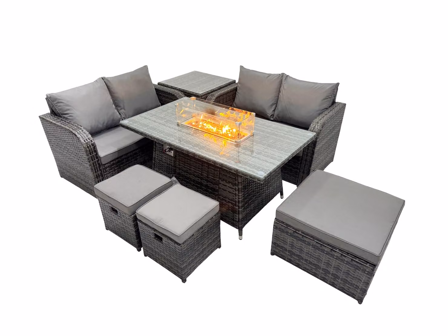 Fimous 7-Seater Rattan Garden Furniture Dining Set with 3 Stools and Side Table in Dark Grey – 2