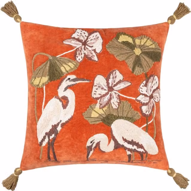 Wylder Tropics Kushiro Embroidered Velvet Floral Filled Cushion, Orange, W x D: 50 x 50 cm