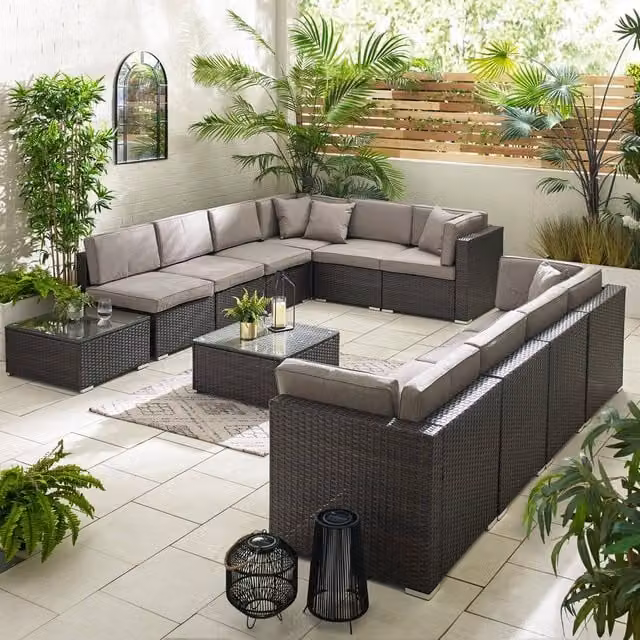 FurnitureboxUK Orlando 10 Seat Modular Outdoor Garden Rattan Sofa in Brown with Upholstered Cushions and Coffee Table – 1