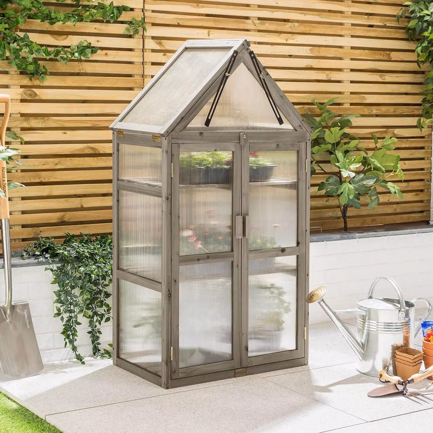 Christow Grey Wooden Polycarbonate Lean To Cold Frame Garden Greenhouse with Shelving and Lock, W/D/H: 130 x 70 x 40 cm – 2