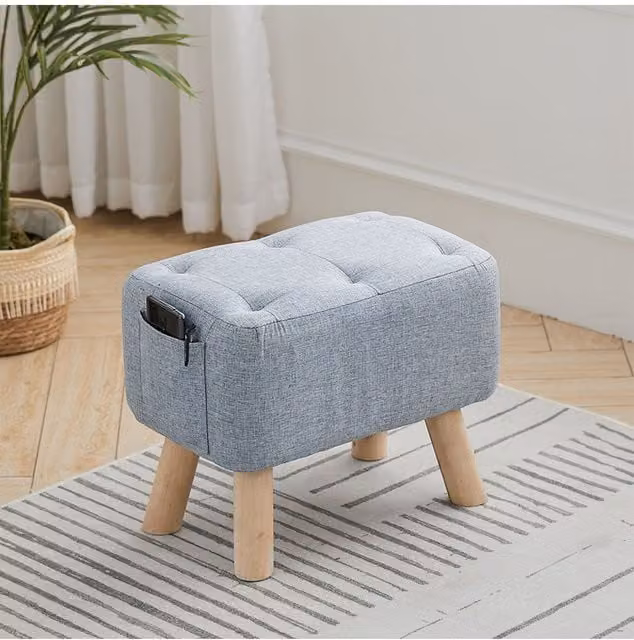 Living and Home Light Blue Linen Fabric Rectangular Footstool Pouffe Ottoman with Pocket – 1