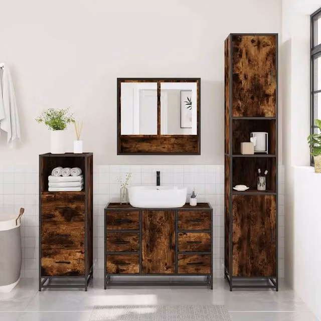 Berkfield Home 3 Piece Industrial Bathroom Furniture Set in Brown Smoked Oak – 1