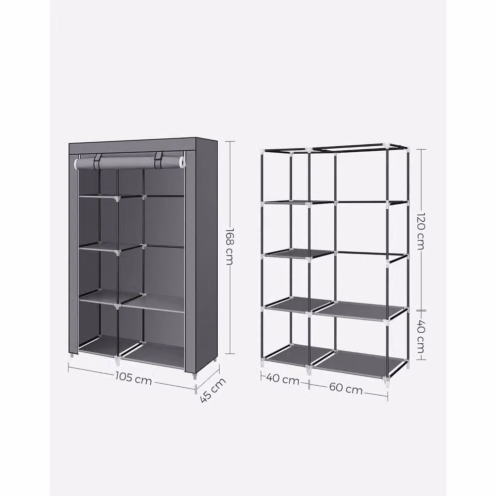 The Bazaarist Fabric Wardrobe with Hanging Rail and Internal Shelves, Grey, W/D/H: 168.0 x 105.0 x 40.0 cm – 2