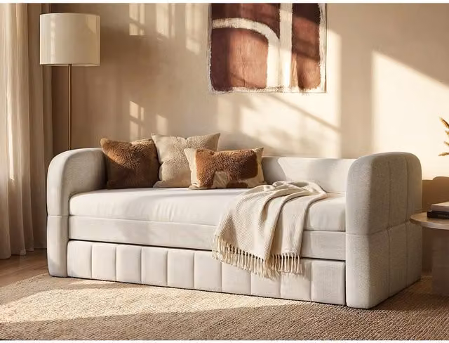 Flair Scandinavian Single Upholstered Day Bed in Beige and White Fabric