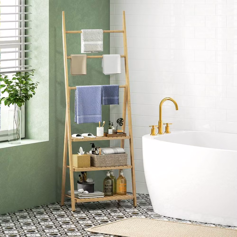 STILVORA Freestanding Bamboo Ladder Bathroom Shelf with Hanging Rods in Brown and Beige, H 153.0 cm x W 53.5 cm – 2