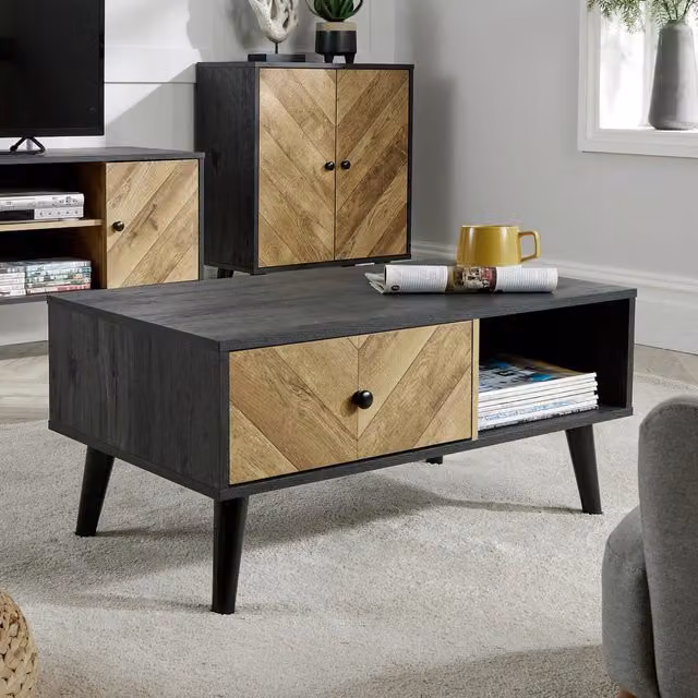 Home Source Dallas Herringbone 1 Drawer Coffee Table Storage Unit in Black