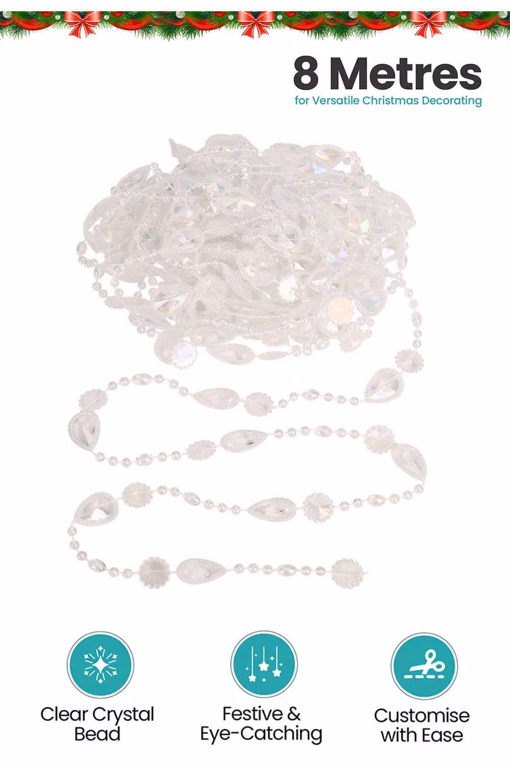 Neel Blue Iridescent Bead Chain Garland, 8m Christmas Decoration in Blue, White and Transparent – 2