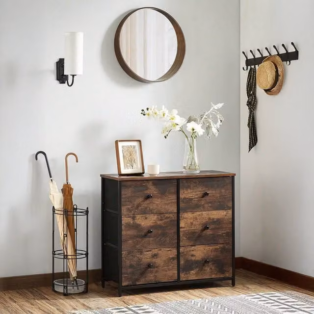 SONGMICS Rustic Fabric Drawer Dresser with Metal Frame in Bronze, Brown and Black