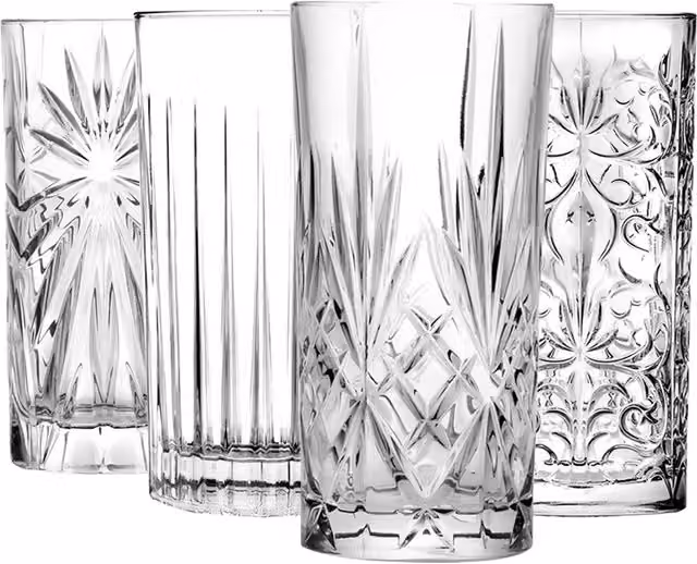RCR Crystal 4 Piece Geometric Highball Tumbler Glass Set, 370ml, Transparent